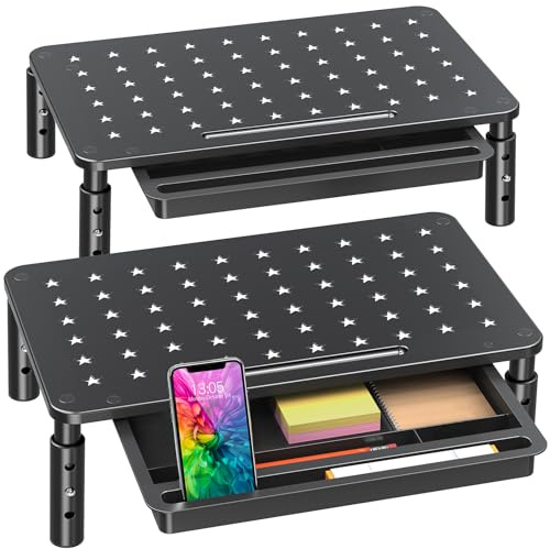 Zimilar Paquete de 2 soportes elevadores para monitor con cajón, soporte de metal ajustable de 3 alturas con malla de estrella única para computadora, laptop, impresora