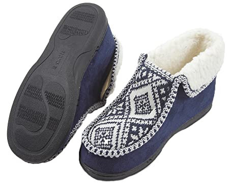 Easylife Nordic Ankle Slippers - Thermal Fleece-Lined Slipper Boots with Pull-On Comfort Fit for Men and Women - Durable Sole Indoor Winter Non-Slip Soft Slippers - Navy, Medium
