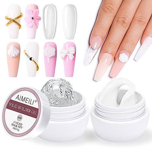 AIMEILI Solid Sculpture Builder Gel for Nails, Clear White Nail Extension Gel UV LED Hard Gel, Nail Carving Gel, Rhinestones Glue Gel for Nail Art Salon Home Use 2X15g