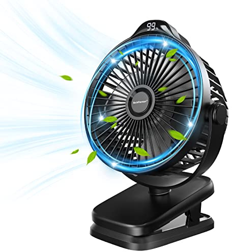 USB Clip on Fan, Digital Display Rechargeable Pram Fan 4000mAh Battery Fan Portable for Buggy Home Office