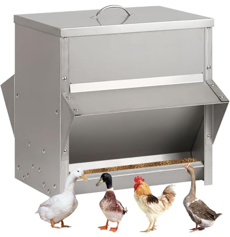 BREUAILY 25kg Automatischer Hühnerfütterer Metall Geflügelfütterer mit Deckel und Stopfen Kein Abfall Hühnerfuttertrog Wetterfester Outdoor Schwerkraftfütterer für Hühner Ente Geflügel