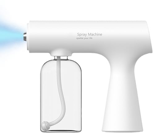 Atomizador rociador con luz azul, atomizador eléctrico de mano de mano de 350 ml desinfectando niebla, humidificador de mano 2 modos de niebla ajustable, rociador electrostático recargable para cocin