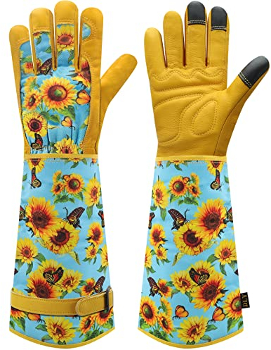 DLY Gardening-Gloves-for-Women, Thorn-Proof Long-Leather Garden Gloves, Rose/Blackberry Pruning Heavy Duty Gardening Work Gauntlet with Forearm Protection - Small 