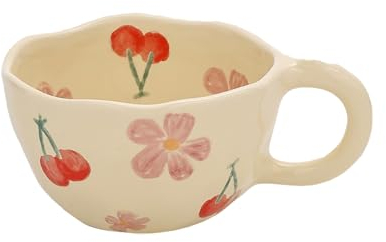 Tasse À Café en Céramique 300ml, Tasse Créative Cerise Et Fleur, Tasse Vintage Petit Déjeuner Irrégulier, Passe Au Lave-Vaisselle Et Au Micro-Ondes