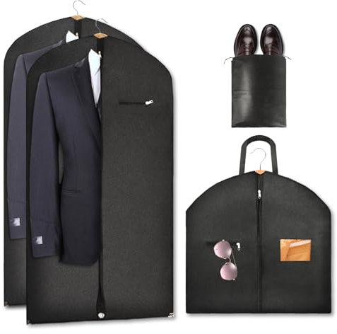 Riwer 2 Stück Premium Kleidersack mit Schuhbeutel 120 x 60 cm Anzugtasche für Reisen Aufbewahrung Kleiderhülle Lang Faltbare Mottensicher Business Anzugtasche mit Tragegriff Schwarz