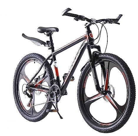 LSBIKE Mountainbike 27,5 Zoll, 21-Gang Shimano, Hardtail MTB mit Stoßdämpfer, 3-Speichen-Räder, Scheibenbremsen, Mountain Bike für Herren & Damen, Sport Fahrrad Stadt & Gelände (schwarz-Rot)