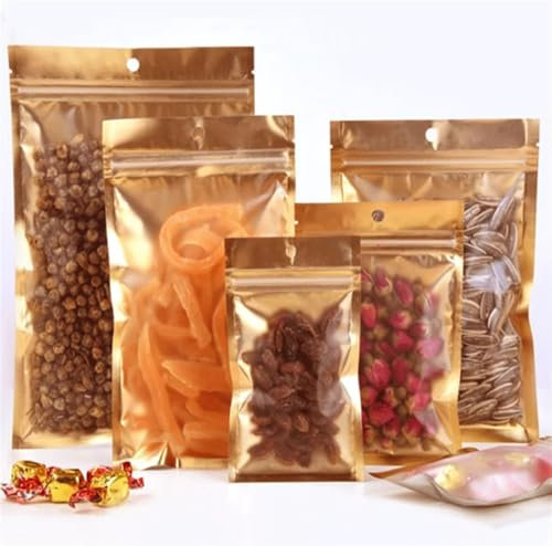 FAMEOYA Flat Lock Bags 100Pcs Gold Mylar Zip Lock Bags Aluminum Foil Bags Durable Metallic Foil Mylar Flat Zipper Bag for Candy and Food Packaging(16x23cm)