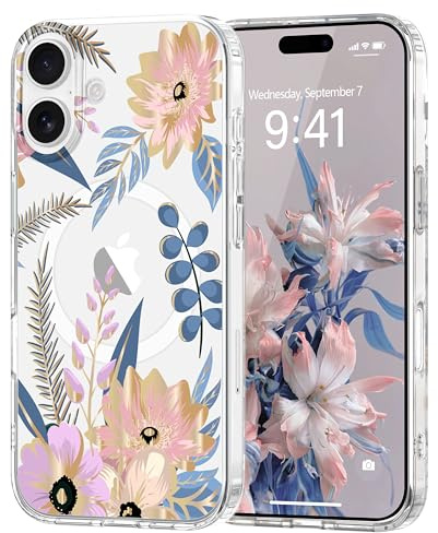 Pepmune Magnetisch Handyhülle für iPhone 16 Hülle Kompatibel mit Magsafe Transparent Blumen Muster Case Hard PC Silikon Bumper Stoßfest Schutzhülle für Mädchen Frauen für iPhone 16 Rosa