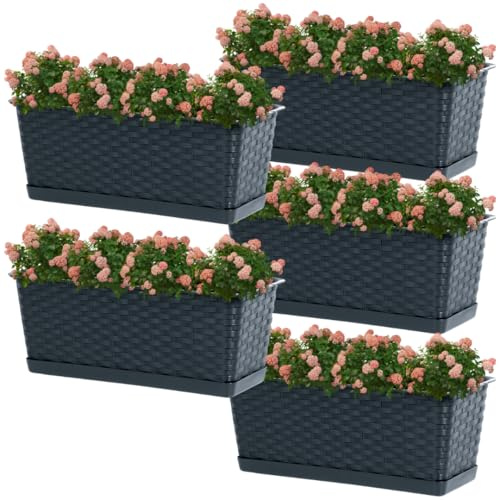 DTU24 5-er Set Balkontopf mit Untersatz, Pflanzkasten, Balkonkasten mit Wasser Öffnungen, Blumenkasten für Rosen, Oleander, Rattan Imitation (5 Stück, 40cm, Anthrazit)