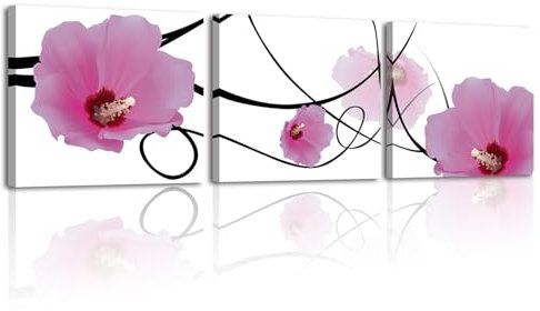Piy Painting 3 Pièces Moderne Impression Sur Toile Flore moderne Tableaux Déco Muraux Salon Rose Fleur simple Affiche Decoration Painting Poster Peinture Sur Toile Art Mural Chambre 30×30 cm
