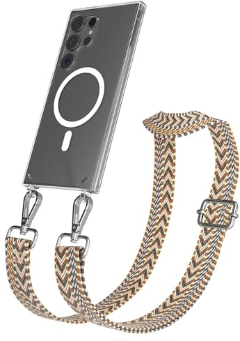 EAZY CASE Handykette - Verstellbares Taschenband kompatibel mit Galaxy S24 Ultra, Schulterriemen, Handykordel mit Silikon Hülle, Qi Charging kompatibel, Umhängetasche, Braun Silber