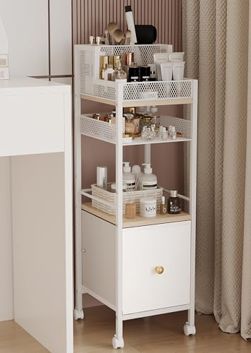 Floor Makeup Organizer Cart, Narrow Floor Skincare Organizers and Storage with Drawers, Bathroom Vanity Organizer Cosmetics Display Cases Holder for Skin Care Nail Polish Perfume Makeup Brush (White)