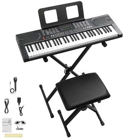 LEADZM Clavier Piano 61 Touches, Piano Numérique avec Touches Éclairées, LCD Écran, MIDI, Support X de Clavier Électrique, Banc de Piano, Pupitre, Casque, Microphone (Noir)