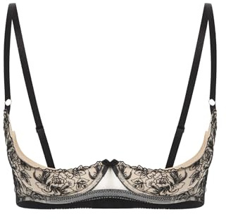Fldy Damen Hebe BH Offene Brust Mit Bügel Spitze Bra 1/4 Cup BH Dessous Push Up Mit Abnehmbaren Pads Schwarz M