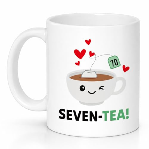 Custom Moments Seven-Tea Mug 70th Birthday Gifts for Women, Her, Friend, Mum, Wife, Funny Cute Tea Lover Cup, Smiley Heart Design, Ceramic Coffee Mug