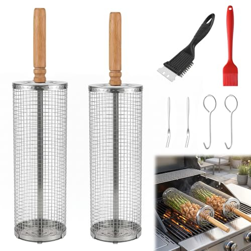 Dcceeo Roterande Grillkorg, 2 st grillkorg med avtagbart handtag och rengöringsborste, stapelbara rostfria grillredskap för grönsaker, kött, skaldjur, present till män