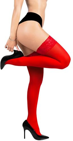 sofsy Calze Autoreggenti Donna Rosso in Nylon (Taglia M-L) 60 Denari con Fascia in Pizzo e Antiscivolo | Perfette per Cena e Party | Look Sexy e Elegante