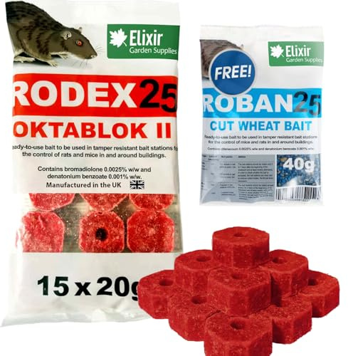 Elixir Gardens Rodex25 Oktablok Rat & Mouse Poison Poisoning/Killer | Strongest Publicly Available | Free Roban 40g with Each Oktablok Pack | 1 Pack
