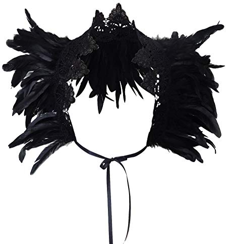 keland Damen Gothic Feder Umhang Kragen Capelet Federkragen Federumhang Flügel Schulter Gotisch Halloween Maleficent Kostüm(Schwarz-A)