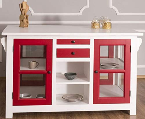 Casa Padrino Landhausstil Kücheninsel Weiß/Rot 150 x 90 x H. 90 cm - Massivholz Küchenschrank mit 4 Glastüren und 4 Schubladen - Landhausstil Küchenmöbel
