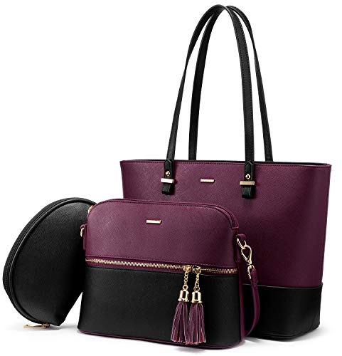 LOVEVOOK Handtasche Damen Shopper Schultertasche Umhängetasche Groß für Büro Schule Einkauf Reise - 3-teiliges Set, Dunkellila