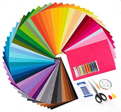 Bastelfilz 50 Farben, Filz Blätter 20 x 30 cm Polyester Felt Fabric Filzplatten + 7 Zubehör für DIY Handwerk Nähen Manual Decoration