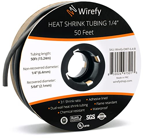 Wirefy 1/4 Heat Shrink Tubing - 3:1 Ratio - Adhesive Lined - Marine Grade Heat Shrink - Black - 50 Feet Roll