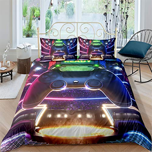 AYMAING Gamer Bettwäsche Spiele Bettwäsche Set 135x200 cm Kinder Teens Videospiel Gamepad Bettbezug Set Neuheit Gradient Game Controller Luxus Lila Blau Schlafzimmer Kollektion