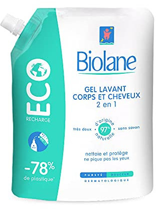 BIOLANE - Gel douche corps et cheveux 2 en 1 - Eco Recharge - Gel lavant - 500ml - 97% Origine Naturelle - Doux - Peaux Sensible - Cheveux Fins - Bébé - Fabriqué en France