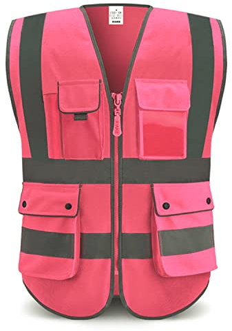 XIAKE Sicherheitsweste mit 9 Taschen, Klasse 2, hohe Sichtbarkeit, reflektierende Sicherheitsweste für Männer und Frauen, Arbeitsweste, Pink, XX-Large