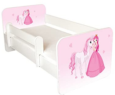 AS-TOR Kinderbett Jugendbett Igor 70x140cm mit Matratze und Abnehmbarem Geländer - Bett Schlafzimmer Kindermöbel Kinderbetten für Mädchen Junge, Massivholz, Solide Sicher, Rosa Prinzessin