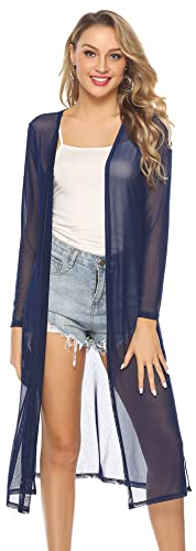 Totatuit Women Long Sheer Cardigan Long Sleeve Open Front Thin Summer Lightweight Cardigan with Side Slits Swimsuit Bikini Cover Up Cardigan Navy Blue M