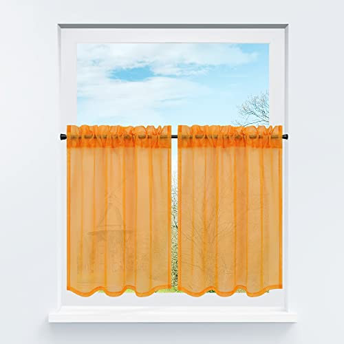 HongYa Rideaux Brise Bise Transparent avec Galon Fronceur Passe Tringle Rideaux Cuisne Court Fenêtre Orange H/L 92/76cm 2 Pièce