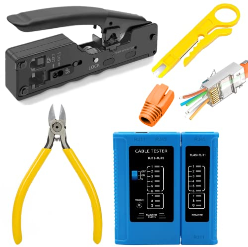 Redstar24 Strumenti Kit RJ45 di Rete Professionale/Tester Cavo Ethernet/Pinza Crimpatrice RJ45 / Connettore RJ45 Cat7 / Tester di Rete Lan/Spina a crimpare/Connettori Cat 7 RJ45 10 pezzi