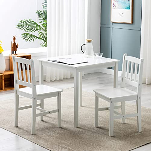 mcc direct Classic Solid Wooden Dining Table and 2 Chairs Set Kitchen Home 2+1 (White)