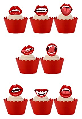 30 Stand Up Halloween Vampire Mouth Lips Fangs Themed Edible Wafer Paper Cake Toppers Decorations