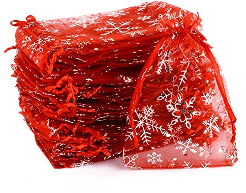 MAOOY 100 Stück 17X23 cm Organzasäckchen Weihnachten Rot,Schneeflocke Organza Säckchen,Organza Beutel mit Kordelzug,Geschenksäckchen,Schmuckbeutel, Organzabeutel für Geschenk Weihnachten Deko