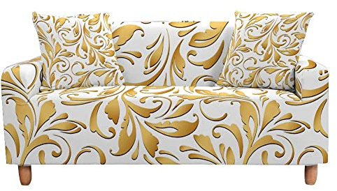 Highdi Klassisch Vintage Sofabezug Sofaüberwürfe für 1/2/3/4 Sitzer, Armlehnen Sofa Cover Elastisch Stretch Antirutsch Sofa Cover Sofahusse Couchbezug Möbelschutz (4 Sitzer,Golden Jacquard)