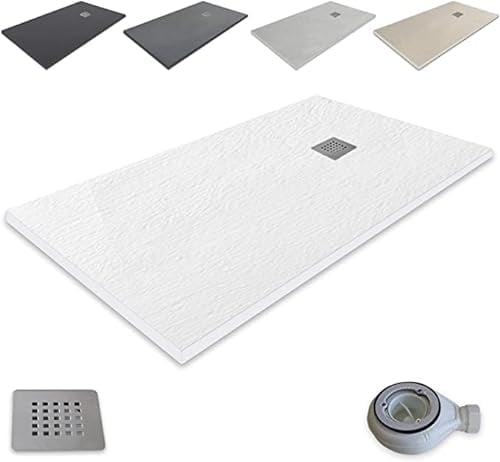 Piatto doccia in resina extra piatta outletaseo - antiscivolo texture lavagna, tutte le misure disponibili, tutti i colori, con valvola di scarico+griglia (70 x 90, bianco RAL 9003)