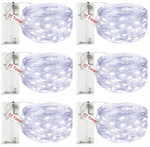 Litogo - Guirnalda de luces LED con temporizador, 6 unidades, 3 m, 30 ledes, alambre de cobre, funciona con pilas AA, para Navidad, dormitorio, ventana, fiesta, balcón, decoración, color blanco frío