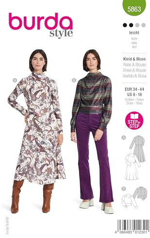 Burda Schnittmuster, 5863, Kleid und Bluse selber nähen [Damen, Gr. 34-44] Level 2 für Anfänger
