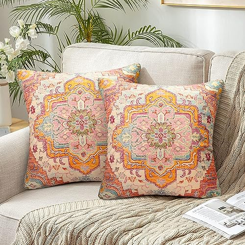 Chicamy 50 x 50 cm Vintage Kissenbezug Boho Doppelseitiger Druck Antique Ethnic Leinen Kissenbezüge Mandala Blume Muster Kissenhülle Landhausstil Zierkissenbezüge Dekor für Schlafzimmer Sofa 2er Set