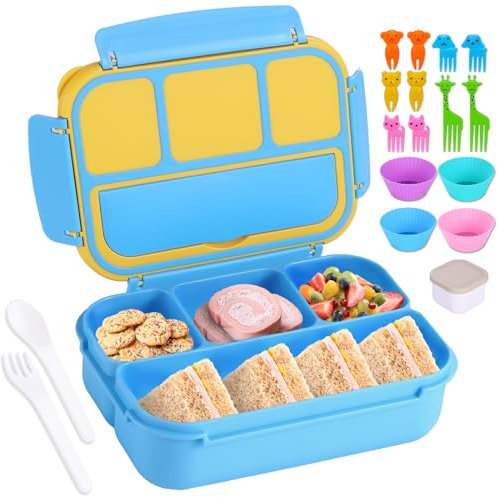 shell and turtle Bento Box für Kinder Mädchen Jungen, Bento Box Erwachsene Lunchbox mit 4 Fächern, Lunchbehälter mit Utensilien, Saucenglas, Muffineinlagen für Schule, 1,2 l / 5 Tassen, Blau