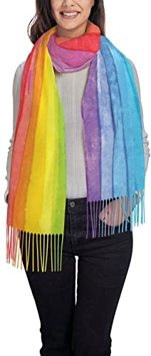 Winterschal – Regenbogenfarben gestreift Frauen Lange Schals Warme Quaste Schal Stola Für Frauen Damen, Regenbogenfarben gestreift, One size