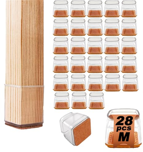 28 Pezzi Feltrini per Sedie Quadrati, Gommini in Silicone con Feltro, Proteggi Gambe per Mobili 20-30mm, Elastiche Protezione, Antigraffio(Medio)