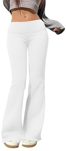 Yogahose Damen Schlaghose Baumwolle Low Waist Bootcut Activewear Hosen Freizeithose Stretch Flared Stoffhose Bootleg Leggings Fitness Jogginghose Haushose Lange Weites Bein Jazzpants (Weiß, S)