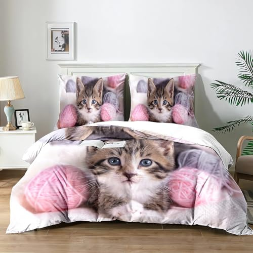 Yzehomijia Betthüsse Katze 140×200 cm, Kinderbett gedruckt Katze 3D, 1 Betthüsse aus Mikrofaser Rose + 2 Kissenstücke 65×65 cm (Cat2×140)
