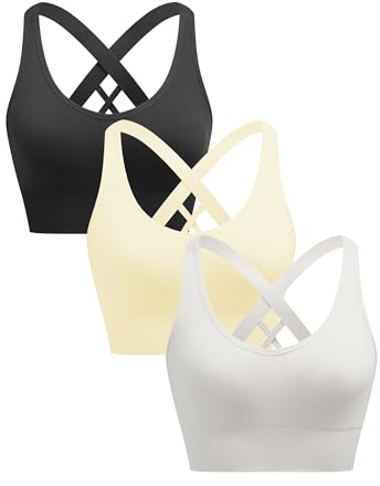 ANGOOL Sport BH Damen ohne Bügel Push Up BH Starker Halt Sport Bustier Damen Gepolstert Crossback Seamless Yoga Joggen Gym Sports Bra, Schwarz+Vanille+Weiß, L
