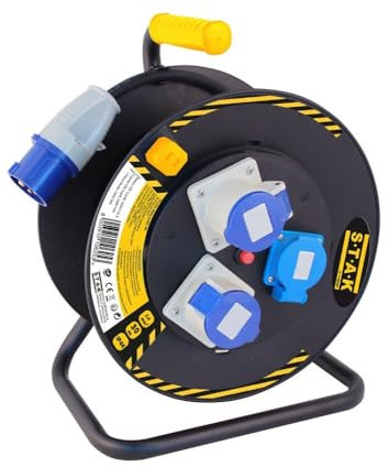 PROLUNGA ELETTRICA INDUSTRIALE 16A 25 METRI CON AVVOLGICAVO H07RN-F 3G2,5 mm² CON 2 PRESE IND. 2P+T 16A + 1 PRESA SCHUKO 220V MONOFASE 3600W MARCA VELAMP