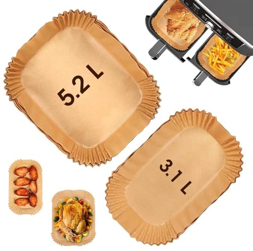 Heißluftfritteuse Backpapier für Tefal 5.2L&3.1L Duale Fritteuse, 100 PCS Backpapier für Heißluftfritteuse, Heißluftfritteuse Zubehör für Lakeland/Tower/Salter Große&Kleine 2 Schubladen Fritteuse